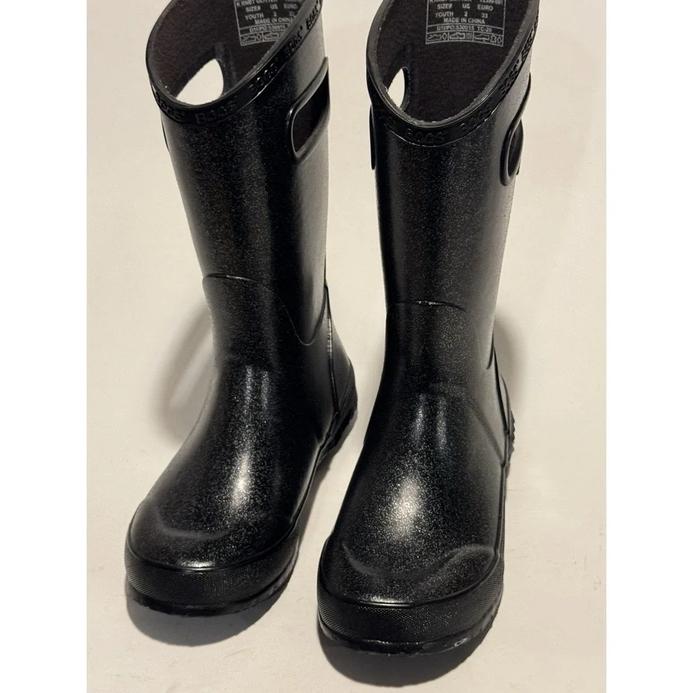 Bogs Girls Size 2 Black Glitter Boot Waterproof Rain Shoes Pull On